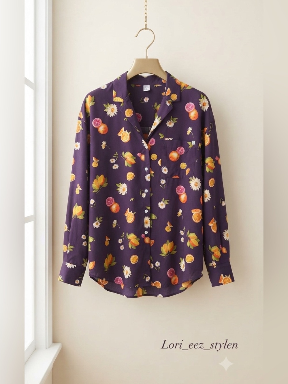 Only 
 
Navy Button-Down Blouse with Orange & White Fruit Print